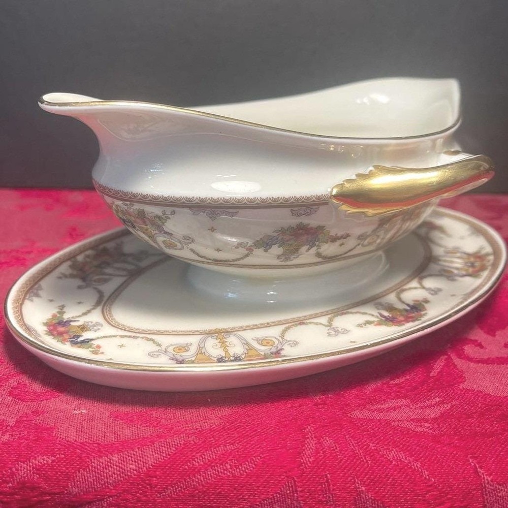 Vintage 1930s Bohemia Royal Ivory Gravy Boat Czechoslovakia Fruit Floral Gold